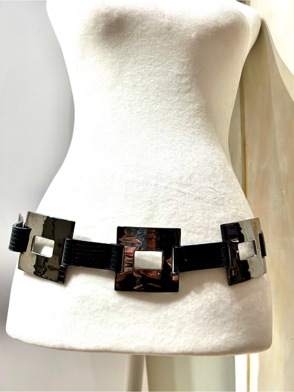 Carlisle Gunmetal & Black Reptile Leather Vintage Square-Link Wide Belt NWOT SzL